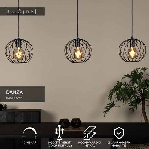Lucide DANZA - Hanglamp - 3xE27 - Zwart - USP